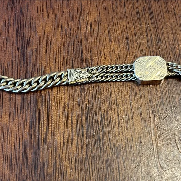 28.46 Gram Gold Filled Albert Chain with Dog Clip, T-Bar and Slide Charm- Flaw - Picture 10 of 17